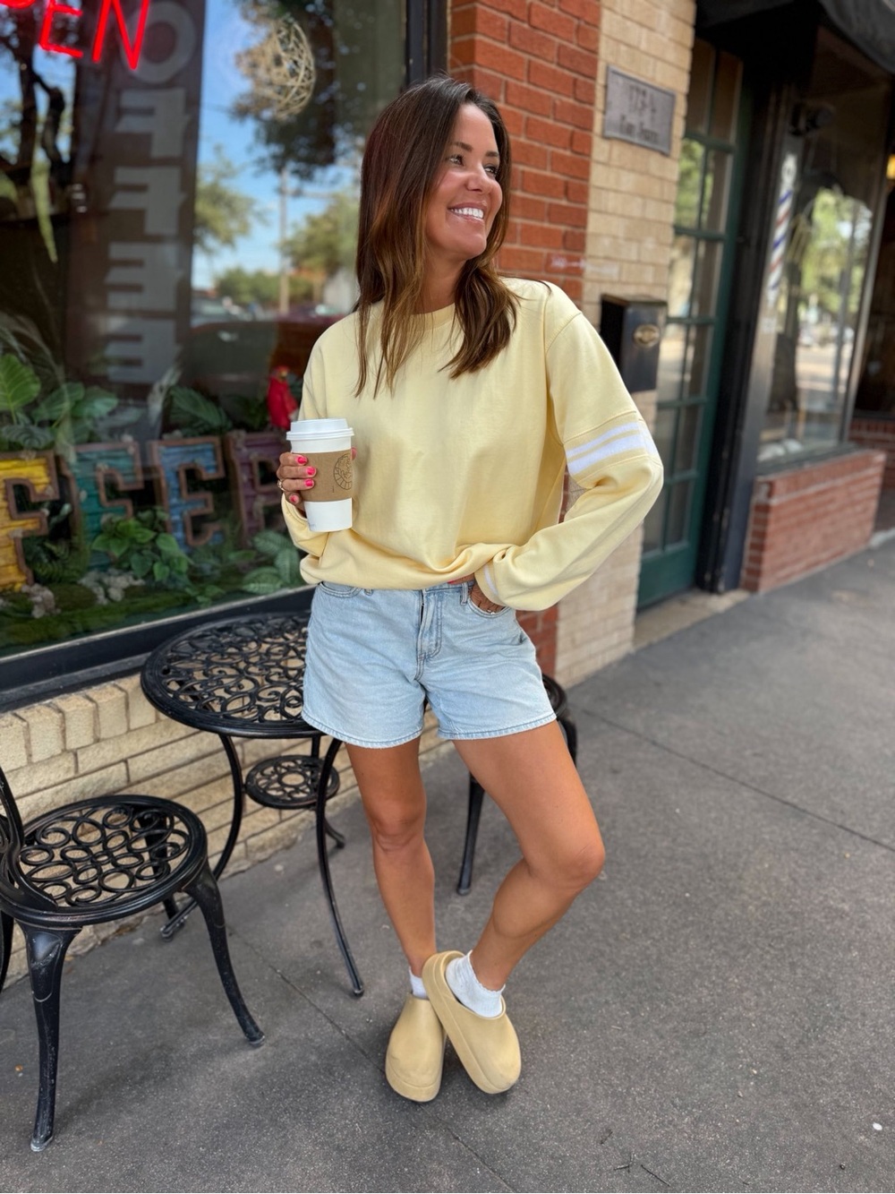 Pale Yellow Pullover Sweatshirt with White Sleeve Stripes